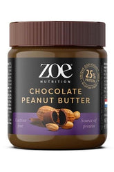 ZOE Nutrition Chocolate Peanut Butter 250g jar with high protein, gluten-free label and natural ingredients.